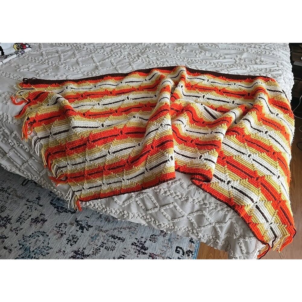 Vintage Orange White Striped Granny Fringe Crochet Afghan Throw Blanket 74"x30"